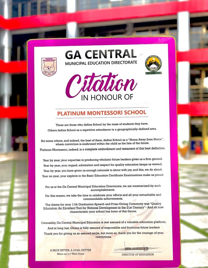 Citation for Platinum Montessori Schools